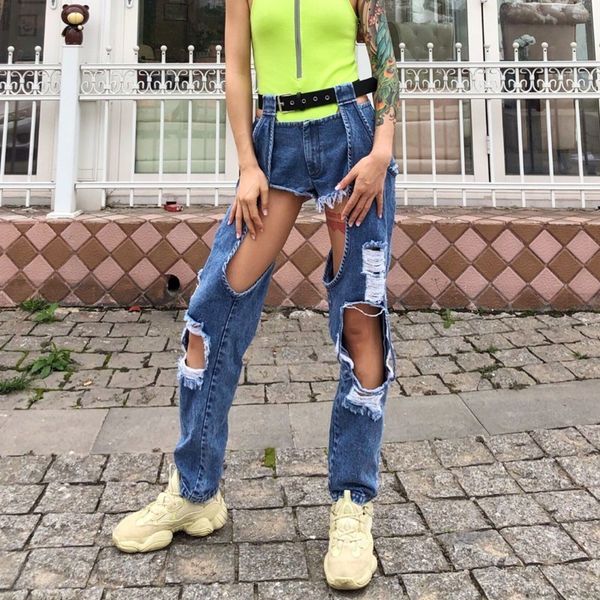 

hole women jeans female high waist with sashes irregular hollow out women pants korean fashion spring new, Blue