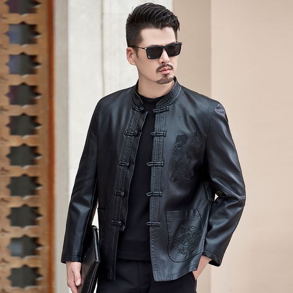 

new arrive men's synthetic leather jackets solid slim stand collar zipper fashion coat motorcycle leather jacket mens coats, Black