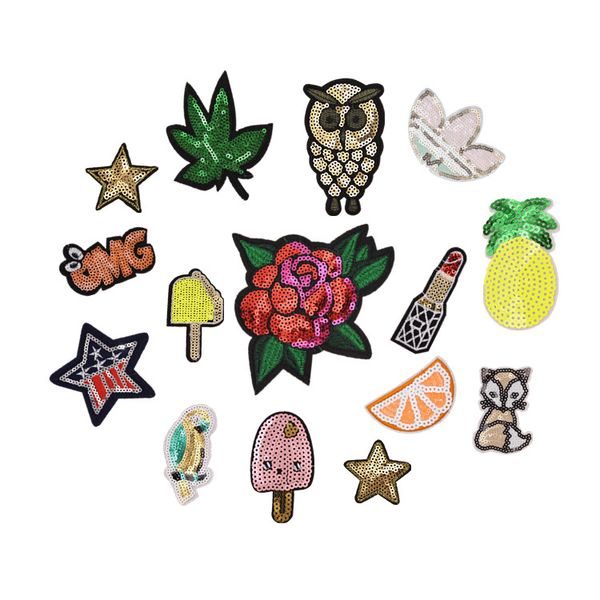 

owl cat badges sequined embroidery patchs for clothe bag iron on stripes appliques clothes stickers clothing patch 15 styles, Black