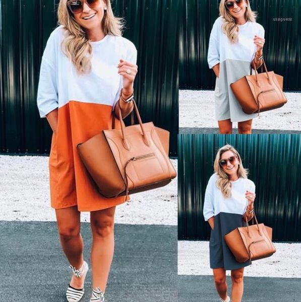 

short sleeve womens clothing new casual crew neck ladies dress fashion patchwork multicolor womens dress luxury designer, Black;gray