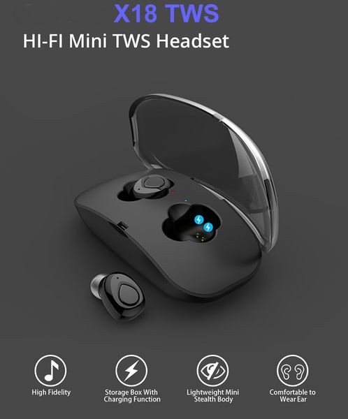 X18 Twins Cuffie stereo wireless Bluetooth 5.0 Cuffie sportive impermeabili Auricolari in-ear Auricolari TWS con presa di ricarica per smartphone