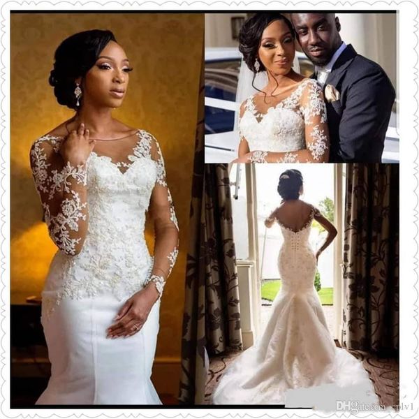 

mermaid lace applique long sleeve vintage beach corset princess african nigeria lace wedding dresses bridal gowns beading bling 2019 h013, White