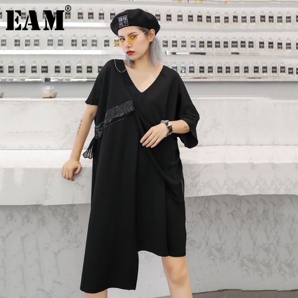 

eam] женщины черные блестки асимметричный большой размер платье новый v-образным вырезом с коротким рукавом свободный покрой мода прилив ве, Black;gray