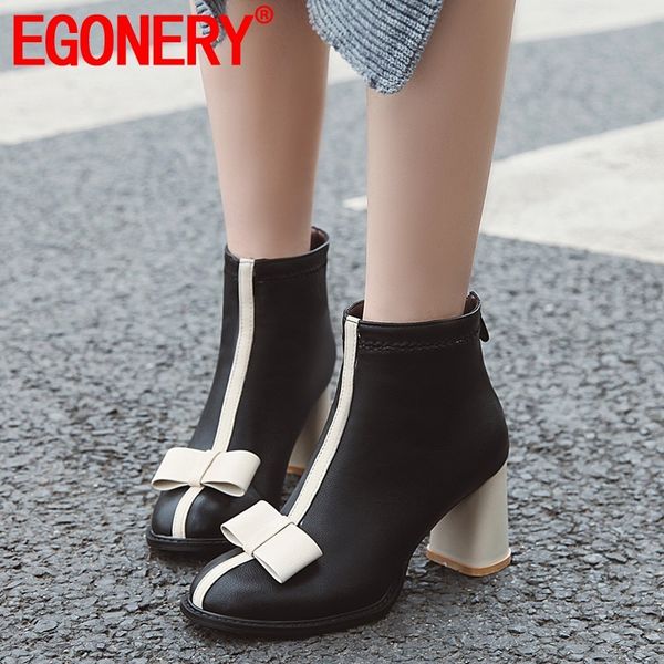 

egonery winter new sweet ankle boots outside warm high heels round toe bowtie zip party women shoes drop shipping size 32-43, Black