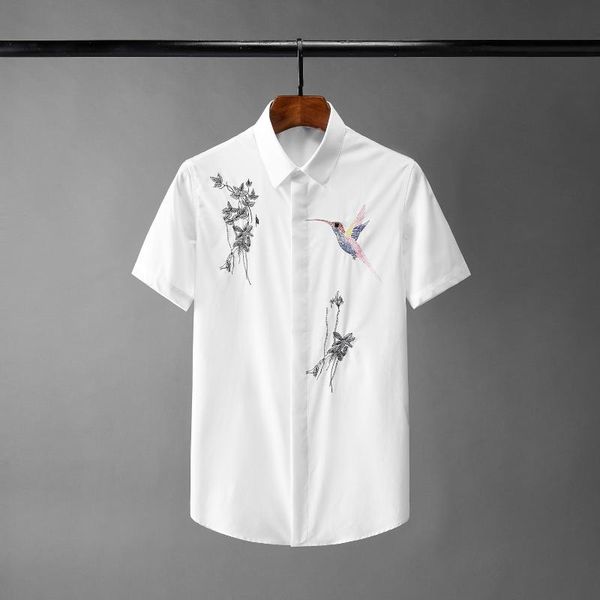 

new birdie embroidery mens shirts luxury short sleeve casual black white man shirts plus size 4xl slim fit party male, White;black