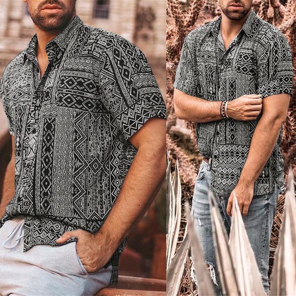 

2019 new stylish hauts pour hommes men's summer fashion casual lapel retro printing short sleeve shirt blouse ropa de hombre, White;black