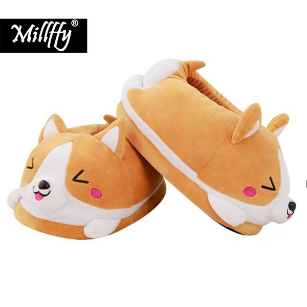 

koi собаки тапочки мультфильм милый двойной сиба ину теплый плюшевый keji тапочки дома скольжения ватным тампоном обувь y200106, Black
