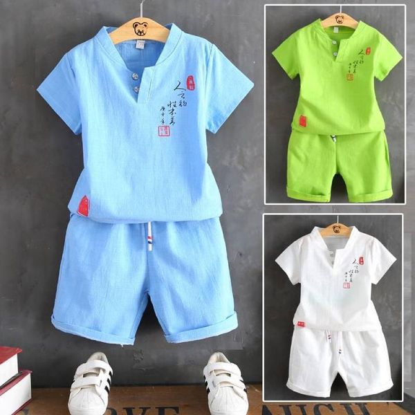 

white green blue summer china vintage style 2pcs kids baby boys t-shirt shorts pants set for baby 18m-8 boys clothing sets