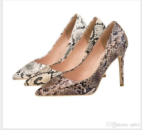 

autumn new snakeskin pattern pointed high heels female fine with shallow mouth fashion 2020 new wedding shoes pu female, Black
