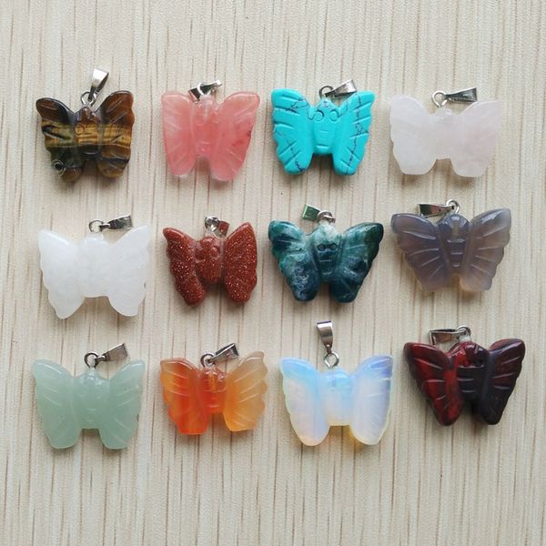 

wholesale 12pcs/lot fashion assorted natural stone mixed butterfly charms pendants for necklace making free, Silver