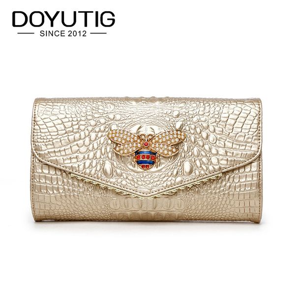 

doyutig brand women gold envelope evening clutch bags with bee pattern female genuine cow leather shoulder bag day clutches a157