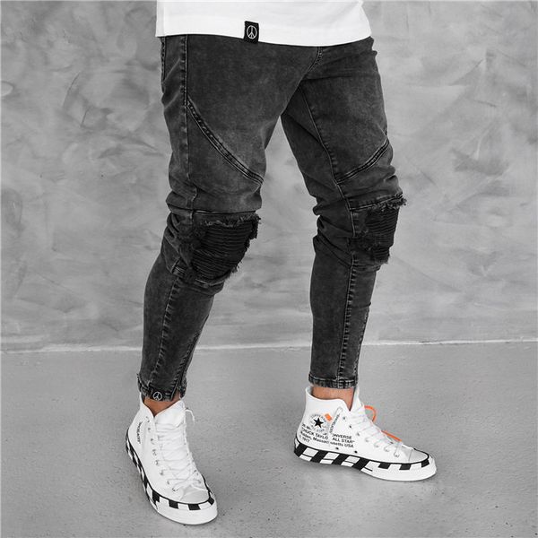 

mens popular vintage zipper hole burrs pencil pants fashion black summer casual mid waist mens jeans, Blue