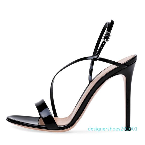 

patent leather dress shoes women ankle strap stiletto heel sandals ladies summer shoes striped shoes 2018 d01, Black