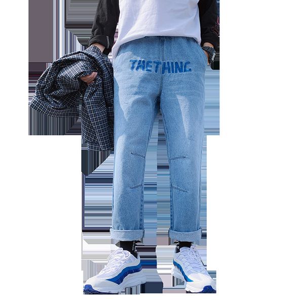 

2019 summer new casual temperament loose cotton straight pants letter printing jeans men streetwear 27-36, Blue