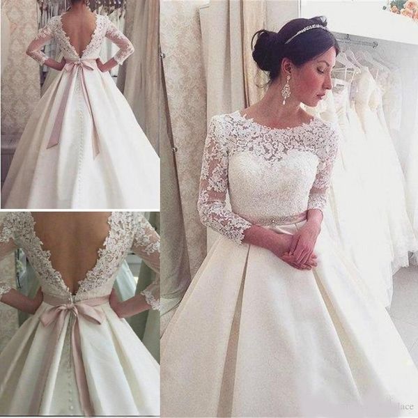

gorgeous lace long sleeves a-line wedding dresses 3/4 long bridal gowns with ribbon belt backless satin arabic vestios de novia wedding gown, White