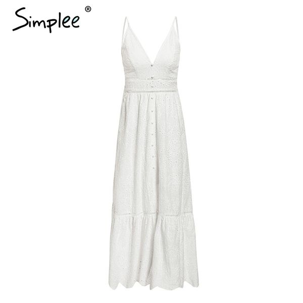 

simplee embroidery white women summer dress v neck spaghetti strap pearl buttons cotton dresses evening party long vestidos, Black;gray