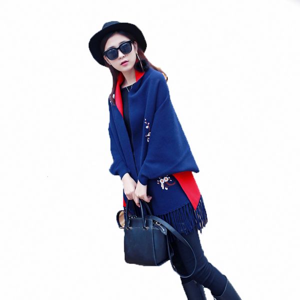 

fashion-winter women scarf female wool plum embroidered sleeve cashmere coak thickening double sided air dual-purpose shawl jacket, Blue;gray