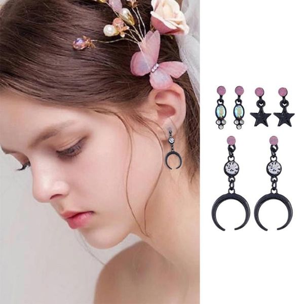 

3 pairs/set brincos mixed dangle earrings for women earring fashion jewelry tarnished black stars moon earrings jewelry, Silver