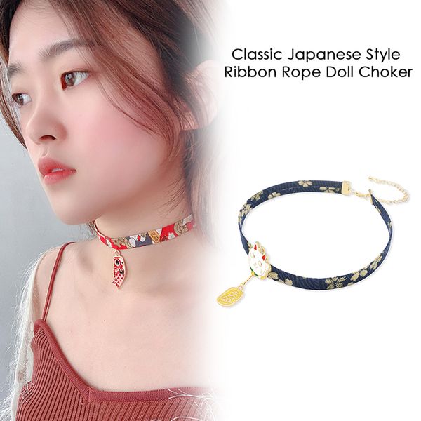 

2019 classic japanese style ribbon rope doll choker cute girls bird cat carp pendant short necklace for charming ladies, Silver