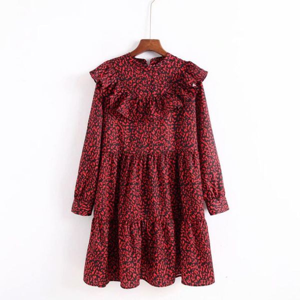 

women vintage leopard dress sweet ruffles long sleeve o neck pleated female casual straight dress vestidos, Black;gray