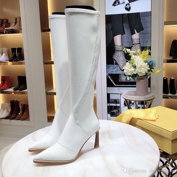 

luxury fashion ladies winter shoes new thigh high boots heel boots 8.5cm designer patent leather zipper over the knee boots 16 inchesh, Black