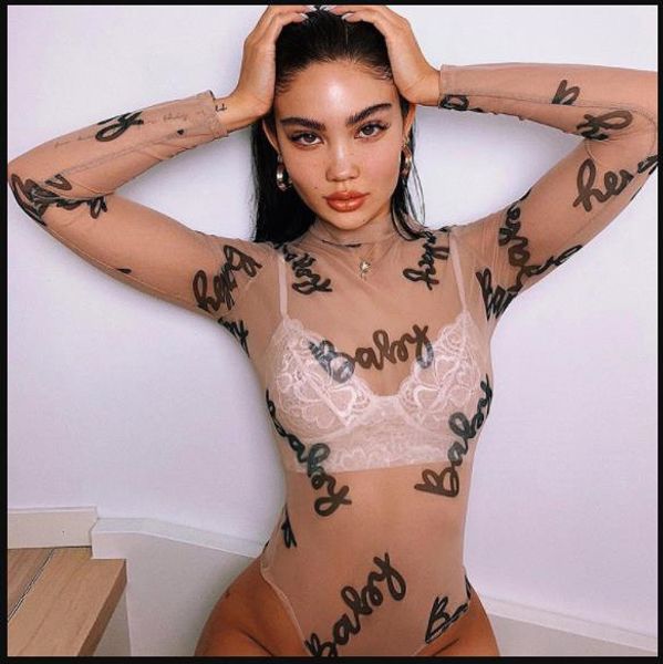

women sheer designer clear tshirt long sleeve crew neck perspective mesh slim bodysuit fashion letter print apparel, White