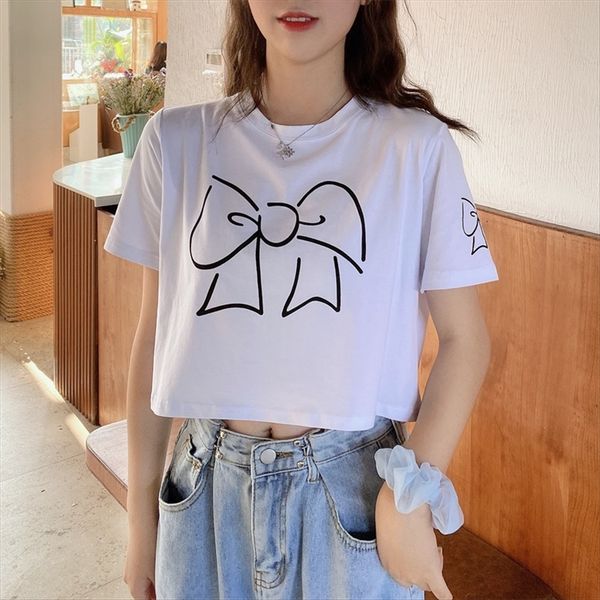 

with enjun] a449 vigorous girl bowknot round collar white t-shirt duan xiu scheming butterfly pullover pullover navel-exposed bm wind t