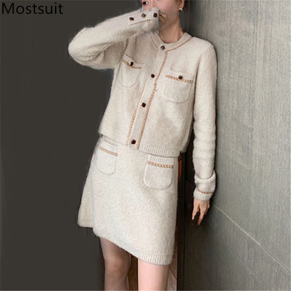 

2019 winter elegant ladies 2 piece skirt suit sets women long sleeve cardigan + elastic waist mini skirt suits vintage sets, White