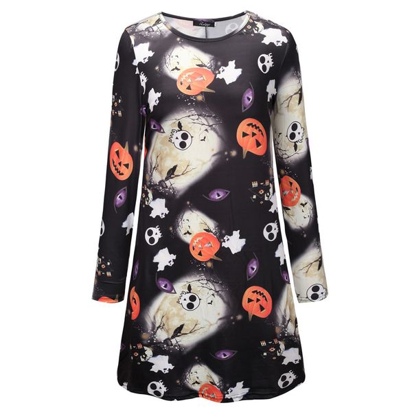 

женские дизайнерские платья юбка хэллоуин круглый вырез с длинным рукавом тыква череп печати платье, Black;gray