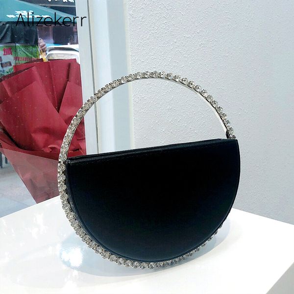 

colour diamond circular evening bag women 2020 new round handle rhinestone dinner clutch purse ladies half moon handbag fashion t200428