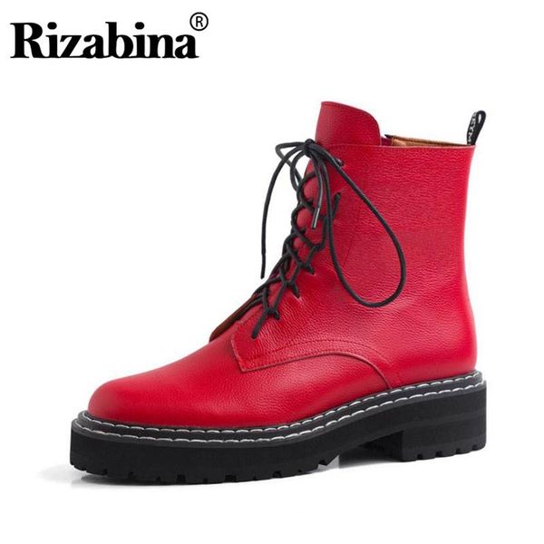 

rizabina 2020 genuine leather ladies ankle boots party new arrival winter motorcycle boots flats casual botas size 34-39, Black