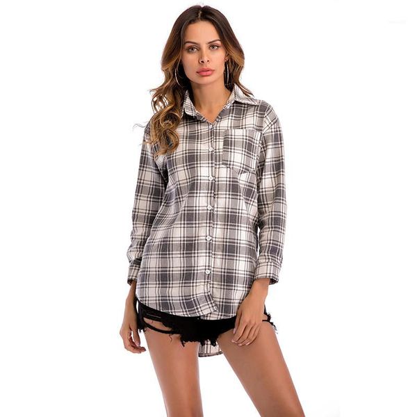 

womens blouses casual loose cardigan females clothing plaid print womens designer shirts fashion panelled single breasted, White
