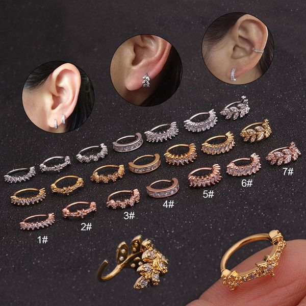 

1pc new coppe cz leaf zircon piercing earrings for women alloy gold small hoop electronic tragus stud puncture jewelry, Golden;silver