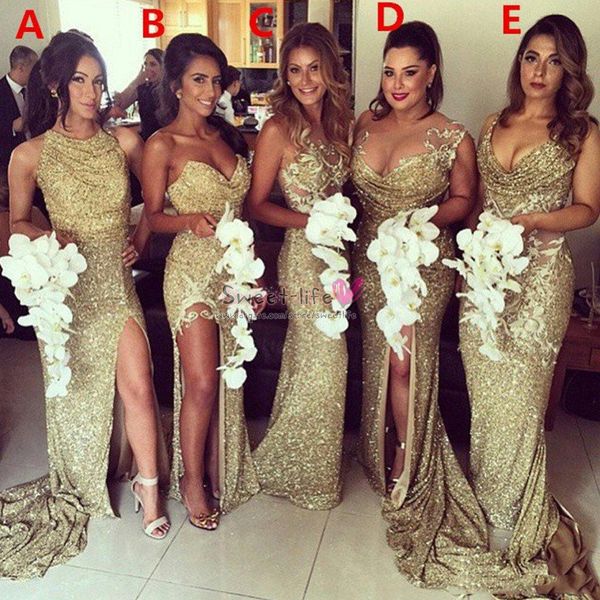 

2019 sparkly gold sequins mermaid bridesmaid party dresses backless high slit plus size maid of the honor gowns wedding evening dress, White;pink