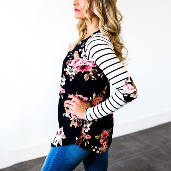 

fashion casual fall full elbow shirt 2020 floral t o-neck baseball tees patch sleeve long raglan sleeve striped female vqpbb, Black