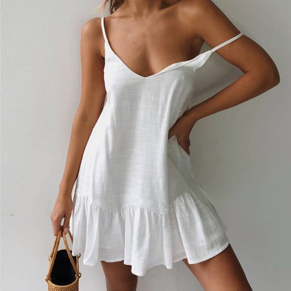 

mini summer dress strap off shoulder yellow white ruffle plus size loose casual linen sundress beach dress women, Black;gray