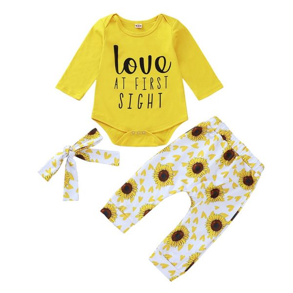 

baby's sets three piece bodysuit pants hair band girls cotton letter print long sleeve romper sunflower trousers yc, White