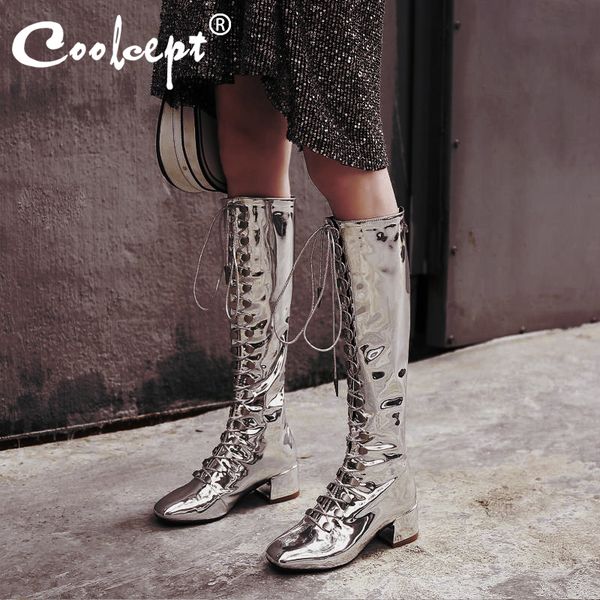 

coolcept patent leather women knee high boots square toe cross strap thick heels shoes winter warm women footwear size 33-43, Black