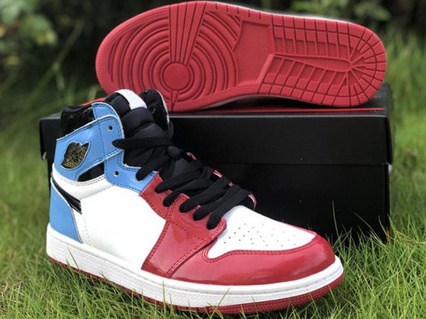 

2020 with box 1 high og fearless red blue men basketball shoes 1s unc chicago sports patent leather sneakers size 40~46