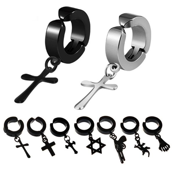 

dreambell men clip earrings hiphop fashion rock style hypoallergenic cross shaped titanium steel ear clip earrings accessories, Silver