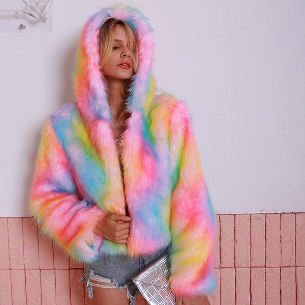

2019 толстовки вскользь outwear поддельные меховой куртки зимы сгущаться теплые пушистый искусственный мех пальто женщин красочные шинель ка, Black