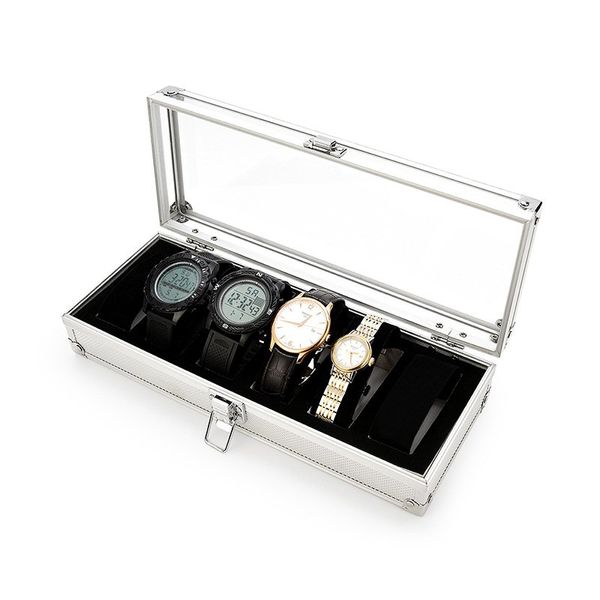 

watch box 6 grid insert slots jewelry watches display storage box case aluminium jewelry decoration winder, Black;blue