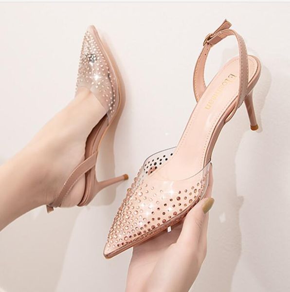 

2020 new european and american style simple pointed shallow high heels transparent water drill fashion sandals with hollow out women's, Black
