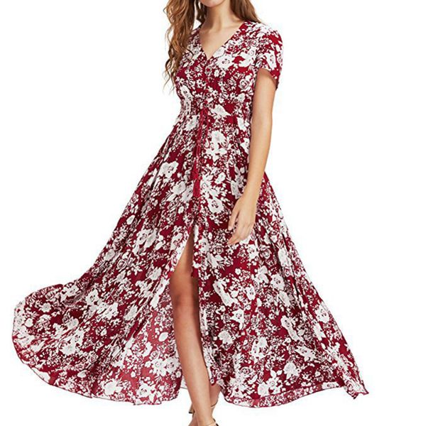 

summer dress v-neck floral print dress bohemian long dresses split, Black;gray