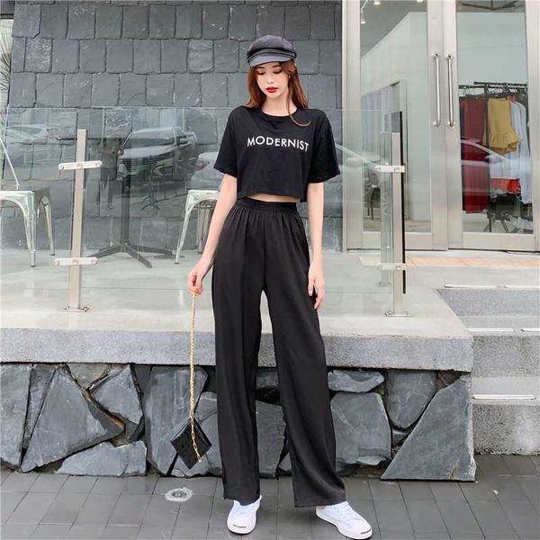 

летние повседневные брюки костюм женщины 2 шт набор письмо печати растениеводство топы футболка + высокая талия драпировка свободные шифонов, White