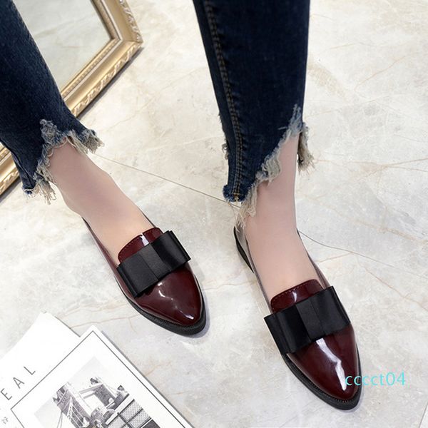 

shoemer summer flats women shoes bowtie loafers patent leather elegant low heels slip on footwear female pointed toe thick heel ct04, Black