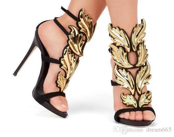 

2018 designer women's metal leaf wing high heel sandals gold nude black party events shoes gladiator metallic winged sandals