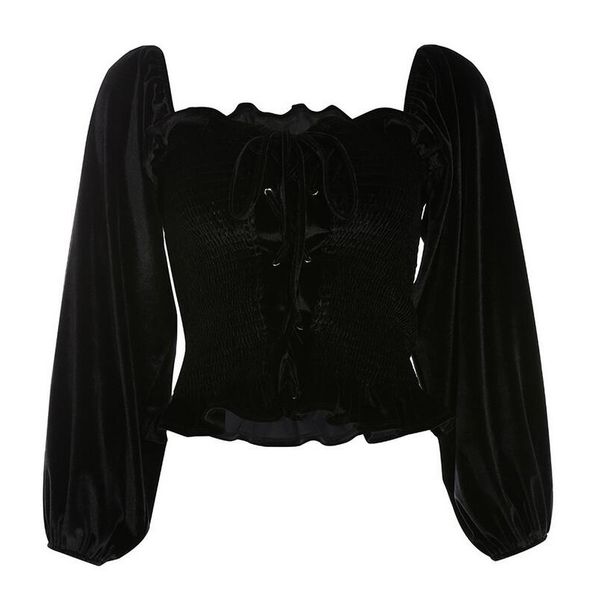 

velvet bandage woman vintage gothic victorian blouse 2020 square neck elastic black crop women flare sleeve steampunk shirts, White