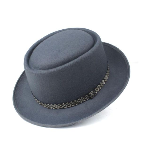 

men's women's pork pie hat wool flat fedora hat jazz size 58cm, Blue;gray