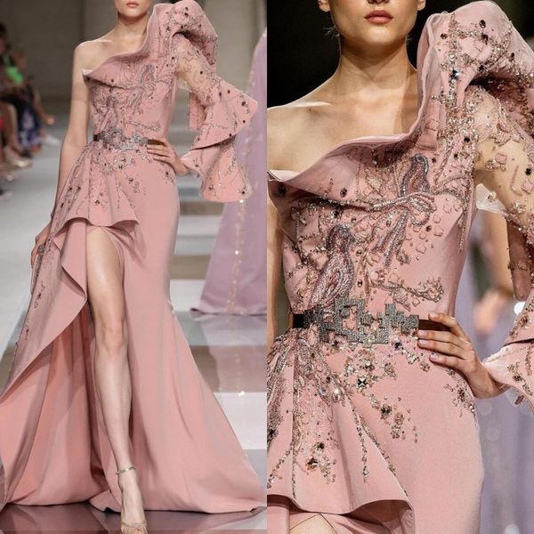 

zuhair murad unique design evening dresses satin high split full appliqued one shoulder prom gowns party dress custom made, Black;red
